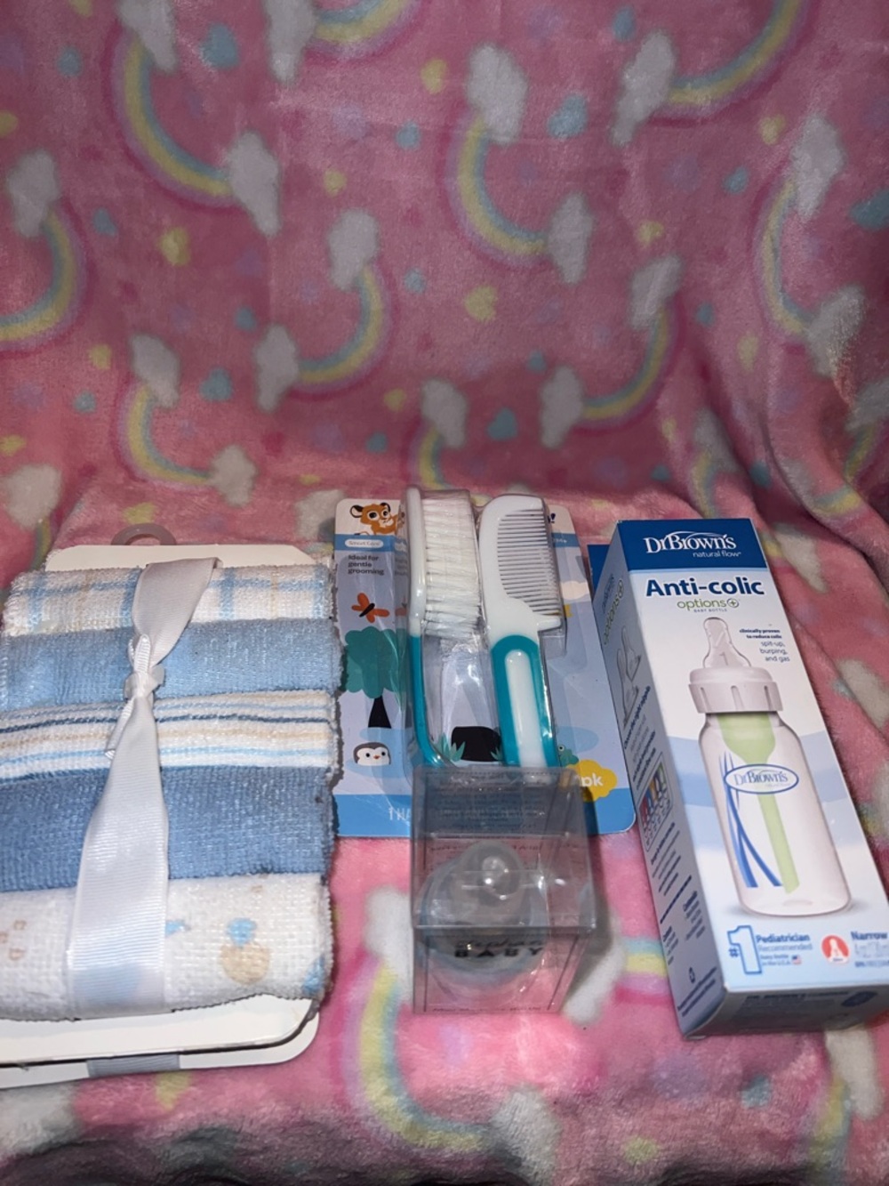 Baby Care Bundle with Blue & White Towels and Dr. Brown's Anti-Colic Bottle